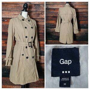 GAP Classic Trench Coat Jacket Size M Belted Double Breasted Khaki Tan Pockets